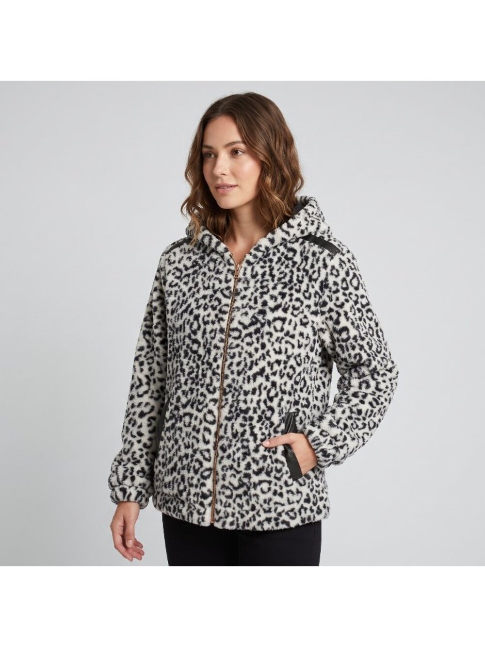 Pink Platinum Women's Shaggy Hoodie Jacket in Leopard with Rose Gold size M NWT
